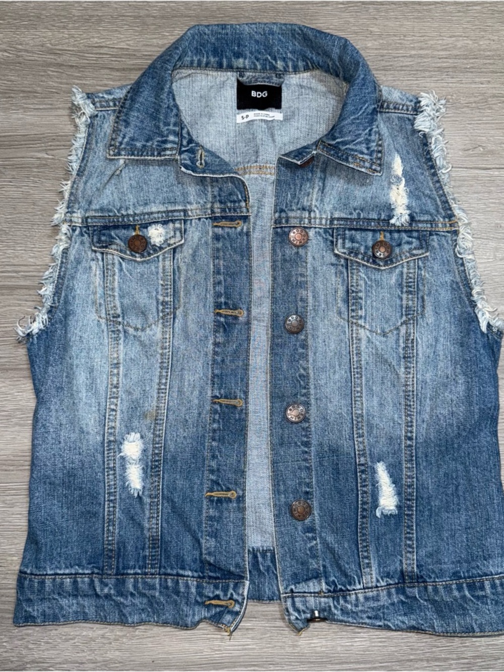 BDG Frayed Distressed Denim Vest in Blue Wash